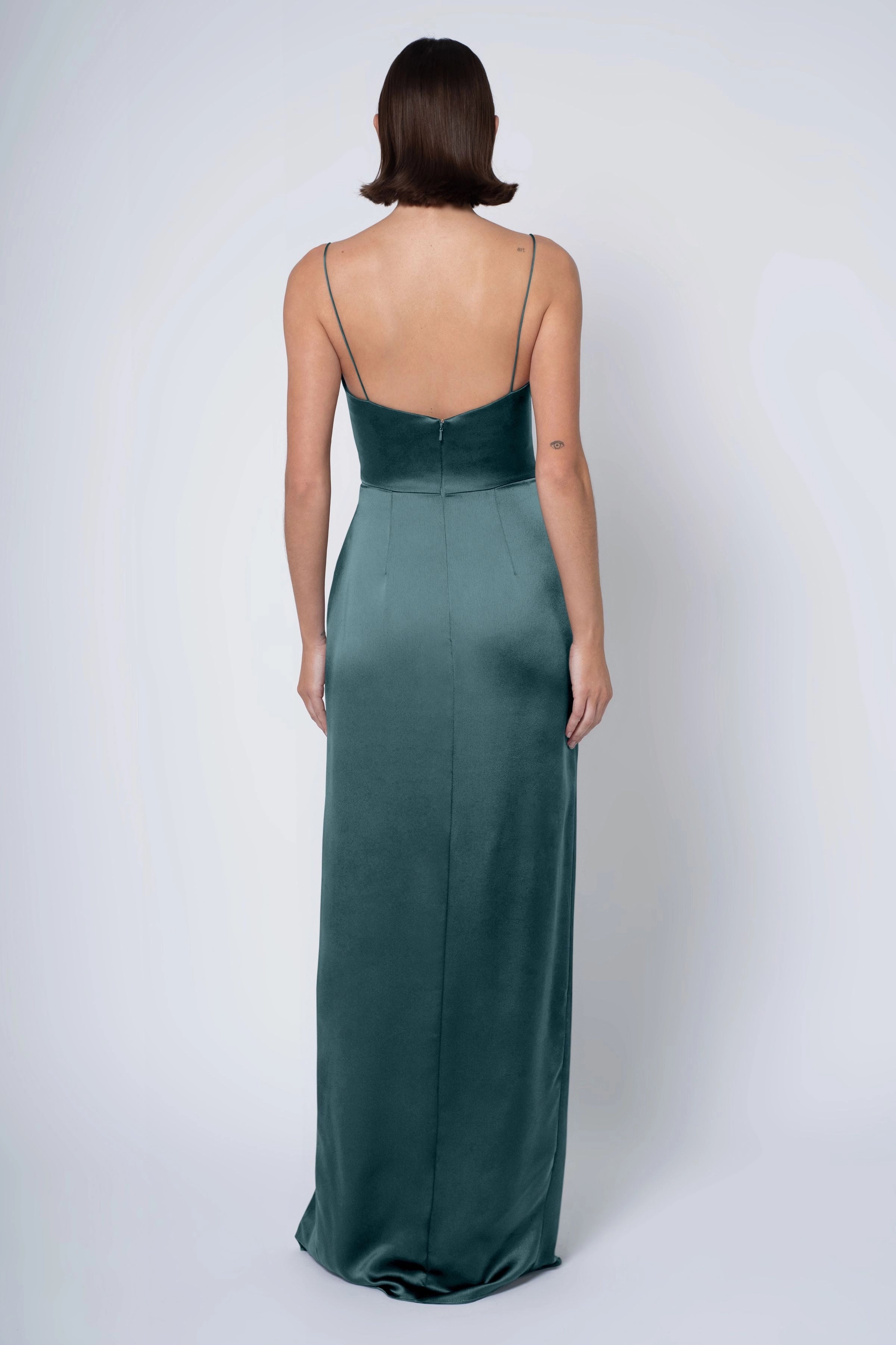 Weitese Dress Simple Spaghetti Straps Scoop Satin Evening Dress Bridesmaid Dress Floor-Length Sheath Side Slit Backless Prom Dress